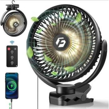 Portable Fan with Remote & Hook - 12000mAh Battery Operated 8-inch Fan with LED Lights for Camping,