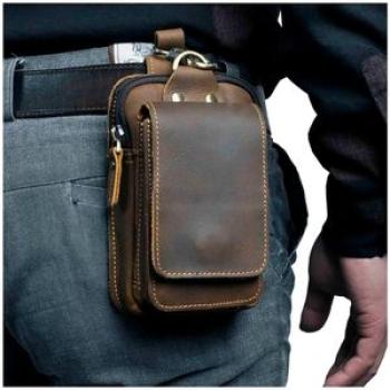 Vintage Crazy Horse Leather Small Summer Hip  Pouch Hook Design Cigarette Case 7" Phone Pouch F