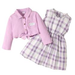1-6Years Kids Girl Suit Long Sleeves Solid Color Coat with Lattice Dresses