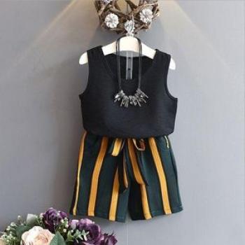 Girls Pearl Yarn Sleeveless Vest  Contrast Color Bust Shorts Twopiece Suit Color:Black Size:90