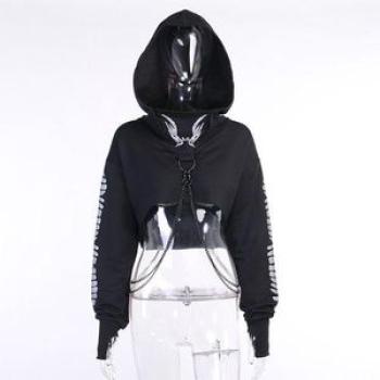 Women Gothic Reflective Print Hoodies Crop Top Pullover