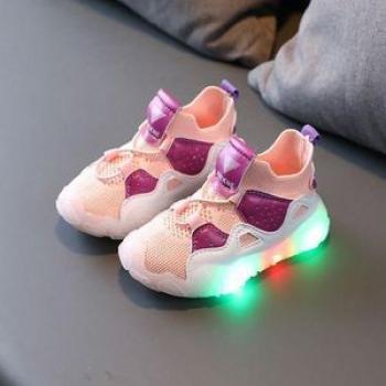 Flying Woven Lightemitting Children`s Sports Shoes Boys And Girls Sneaker Pink