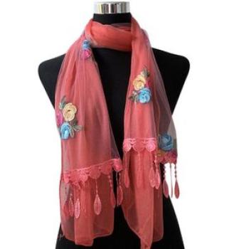Women Double Layer Scarf Lace Stitching Embroidery Shawl for Sports Office Outside Business NO5271