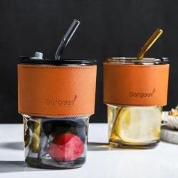300ml Classy Glass Cup With Straw And Leather Cover