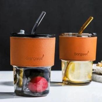 300ml Classy Glass Cup With Straw And Leather Cover