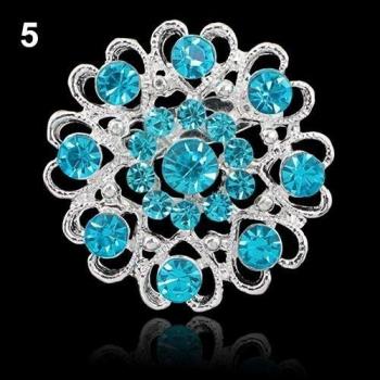 Rhinestone Crystal Brooch Hollow Out Collar Pin Silver Plated Flower Jewelry (Lake Blue)