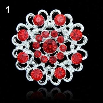 Rhinestone Crystal Brooch Hollow Out Collar Pin Silver Plated Flower Jewelry (Red)