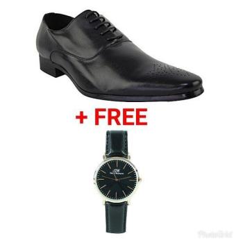 Leather Lace up Shoes +Free Watch Black