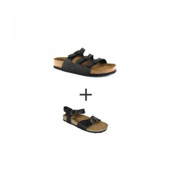 Triple Strap Leather Slippers + Free Double Strap Sandals - Black