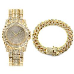 Mens 8" Iced Cuban Bracelet Hip Hop 9" Wristwatch