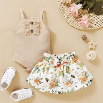 Newborn Baby Girls Costumes Set Solid Color Ribbed Tank Tops + Floral Skirt -Beige