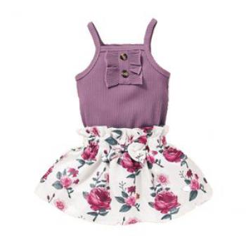 Newborn Baby Girls Costumes Set Solid Color Ribbed Tank Tops + Floral Skirt -Purple