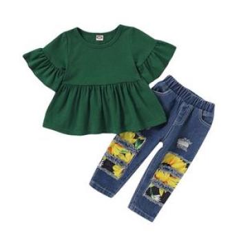 Baby Girls Denim Outfit  Green Short Sleeve Shirt + Ripped Jeans + Headband