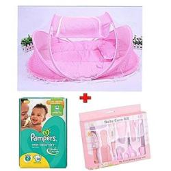 Baby Bed With Net + Diapers + Grooming Kit - Pink