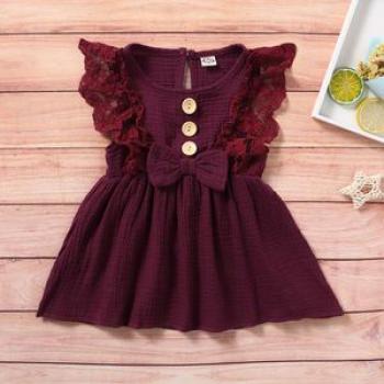 Baby Girls Cotton Linen Dress Lace Patchwork Sleeveless Dress -Burgundy