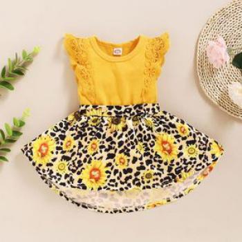 Baby Girls Sundress Sunflower Leopard Printing Bodysuit Sleeveless Dress