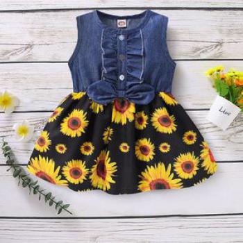 Baby Girls Denim Patchwork Sunflower Black Maxi Dress