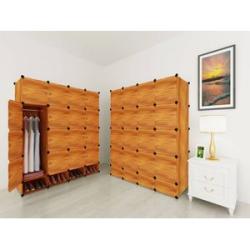 16 Cubes Plastic Wardrobe + 4 Shoe Rack  - Brown Wood