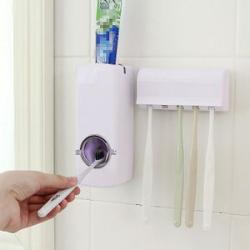 Automatic Toothpaste Dispenser + 5 Toothbrush Holder Stand Set Wall Mount Rack White