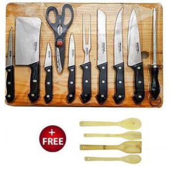Wooden Chopping Board + Knife Set 11 Pieces - Black/Silver + Wooden Spoon Set