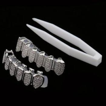 18K White Gold Plated Grillz Tooth Clip Mouth Teeth Cap Grills Bling
