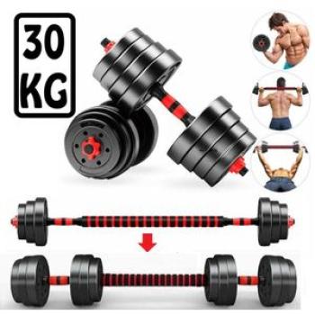 30KG Adjustable Gym Dumbbell Set + Free Barbell Rod - Black