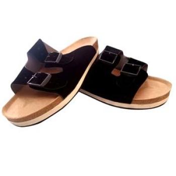Double Straps Leather Slippers - Black