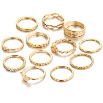 12Pcs Lady Retro Twisted Carved Knuckle Finger Rings-Golden