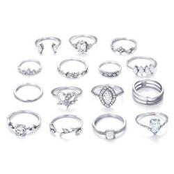 15Pcs/Set Women Bohemian Rhinestone Stackable Finger-Silver