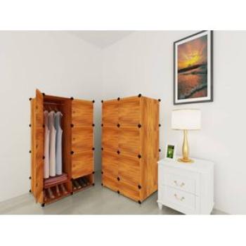 6 Cubes Plastic Wardrobe + 2 Cubes Shoe Rack - Brown Wood
