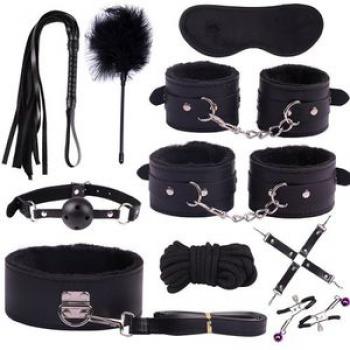 10Pcs Adult Bondage Handcuffs Footcuffs Whip Blindfold-Black