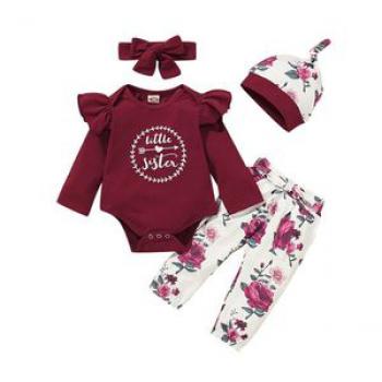 LITTLE SISTER Baby Girls Outfit Letter Print Bodysuit + Floral Long Pants + Headband + Hat