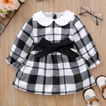 Baby Girls Classic Long Sleeve Black Plaid Dress Casual Daily Streetwear