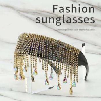 Crystal Sunglasses Tassel Pendants Frameless UV400  Eyewear Black