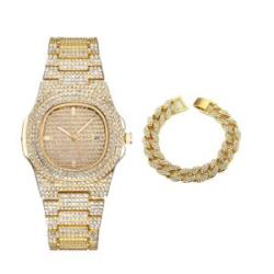 Stone Iced Men"s Wristwatch Witch Hand Chain - Gold