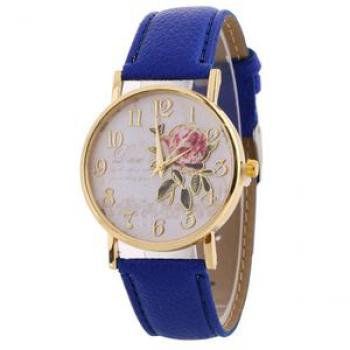 Women Arabic Number Rose Flower Round Dial Faux Leather-Blue