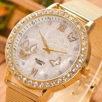 Butterfly Rhinestone Gold Ladies Women Girl Bracelet Quartz-