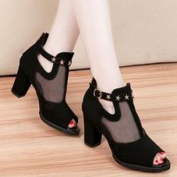 Ladies Mesh Chunky Heel Sandals (5cm) - Black