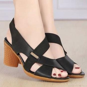 Women`s Mid Heel Shoes Ladies Soft Heeled Sandals - Black