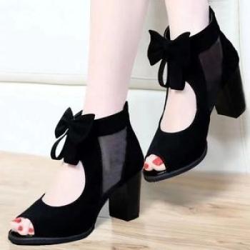 Ladies Fashion Chunky Heel Bow Sandals-Black