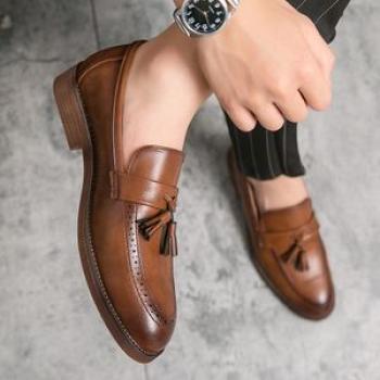 Leather Slip on Tassel Oxford Shoes - Brown