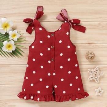 Baby Girls Polka Dot Sleeveless Bow Jumpsuit -Red