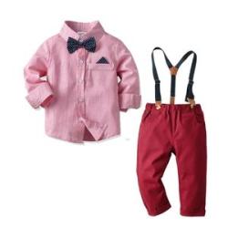 Boys Striped Shirt + Suspenders Trousers Suit (Color:Pink Size:90)