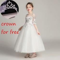 Lace Costume Children New Year Dress Christmas Party Dress White+Crown For Free