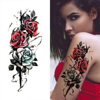 Rose Flower Tattoo Sticker Waterproof Temporary Tattoo - Red/Black