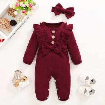 Baby Girls Sold Color Ribbed Long Sleeve Jumpsuit -Red