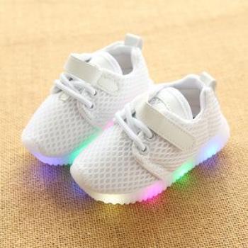 Summer Children`s LED Girls Mesh Light Up Shoes Boys Sneakers Baby Shoes White