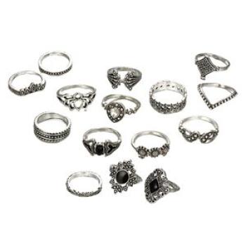 15Pcs Bohemian Style Ladies Ring Rhinestone Inlay-Silver