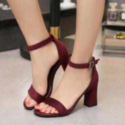 Ladies Sexy Open Toe High Heels Buckle Sandals(7cm)-Wine Red