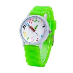 Cartoon Children Kids Round Dial Silicone Strap Analog-Green